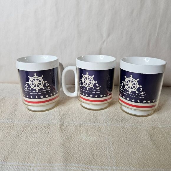 Thermo-Serv 70's Vintage Nautical Red White Blue Insulated Coffee Mugs Set of 3 - Picture 1 of 7
